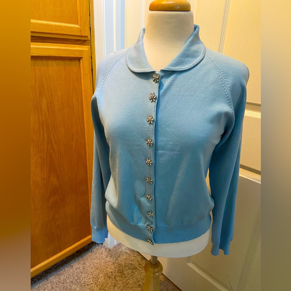 Vintage Style Blue Cardigan with Rhinestone Flower Buttons